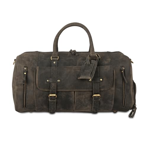 Image of KomalC 24 Inch Leather Duffle Bags for Men and Women Travel Overnight Weekend Bag Sports Gym Duffel for Men (Charcoal Black With Shoe Pocket)