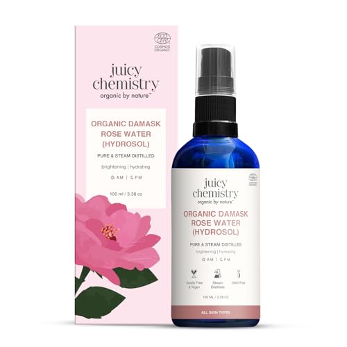 Image of Juicy Chemistry Organic Rose Water (Hydrosol), 100 ml | Face Toner for Glowing, Brighter and Hydrated Skin | Made with Bulgarian Damask Roses - Clinically Tested