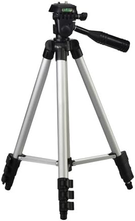 A silver and black camera tripod