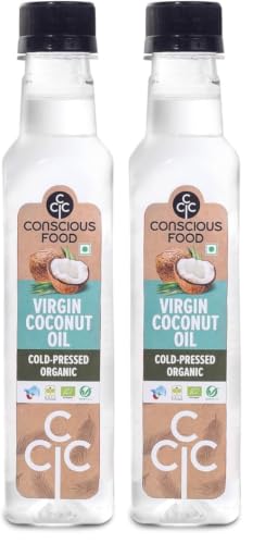 Image of Conscious Food Cold Pressed Virgin Coconut Oil | 250ml | Certified Organic | For Cooking, Hair Health and Skin Care | Good for Oil Pulling (Pack of 2)