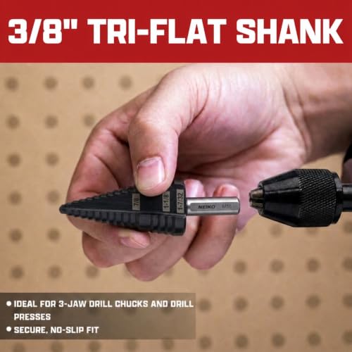 Image of NEIKO 10634B Step Drill Bit, 3 Steps 7 /8 inch to 1-7 /32 inch Straight M35 Cobalt, AlTiSiN Coated, 3 /8 inch Tri-Flat Step Bits for Steel, Metal, Wood, Plastic, Unibit Cone Drill Bits, Two Flute