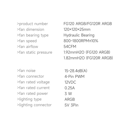 PCCOOLER FG120 ARGB 120mm Wentylator PWM, Łożysko Hydrauliczne, 800-1800 RPM, 54 CFM, 1,92 mmH2O, ARGB, Cichy Wentylator Chłodzący do Obudów PC i Chłodnic (Czarny)