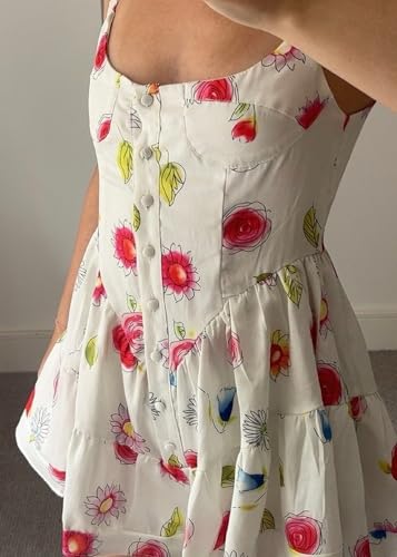 Image of NUFIWI Women Boho Graffiti Cami Mini Dress Spaghetti Strap Printed A Line Short Dress Backless Cut Out Colorful Sundress