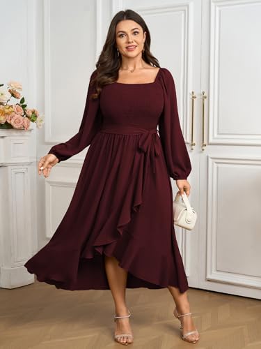 SCOMCHIC Women Plus Size Maxi Dress Fall Long Sleeve Wedding Guest Smocked High Low Ruffle Cocktail Dress with Belted2