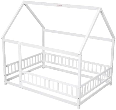 Miniatura 7 de Cama de suelo de tamaño matrimonial con valla para niños pequeños, cama Montessori con techo de casa, marco de cama de piso de madera matrimonial