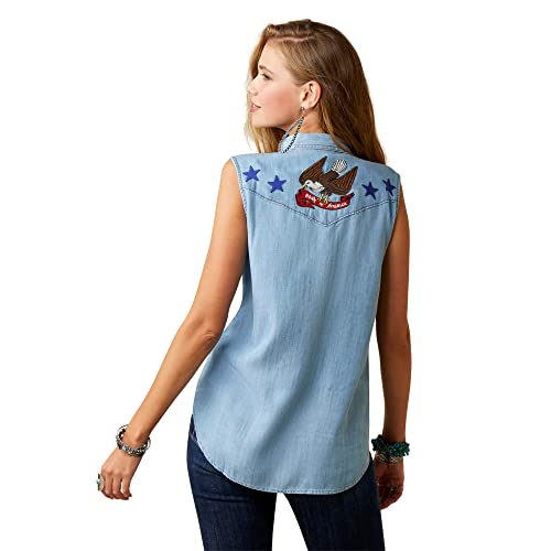 Image of ARIAT Women's Liberty Embroidered Top, Medium Denim Blue, Size X-Small