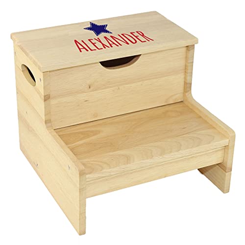 Natural Wood Storage Step Stool for Kids - Blue Star and Child's Name - Bathroom, Nursery