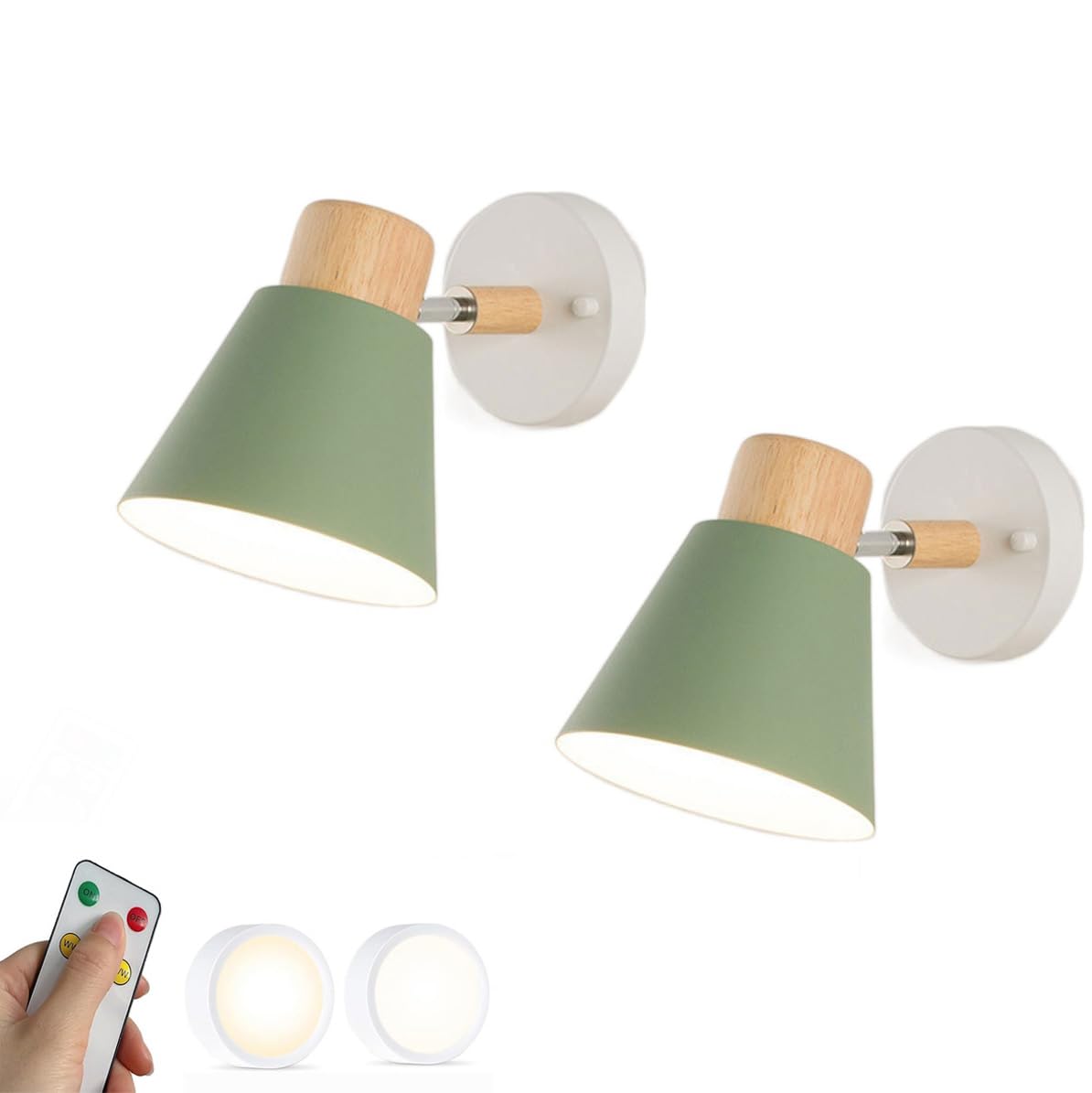 LYUXIANG 2 Set Battery Operated Wall Light Rechargeable USB Led Bedside Wall Lamp Remote Indoor Cordless Wireless Lamp Adjustable Arm Metals Modern Wall Lighting for Bedroom Living Room/Green