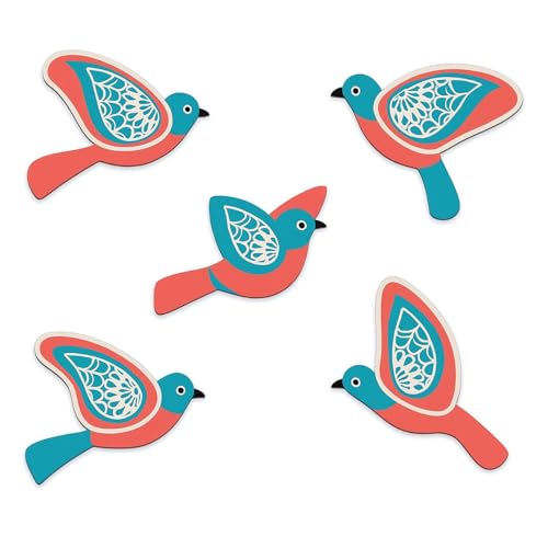 Image of GiftOday Wooden 3D 5 Pieces Birds for Wall Art Panel | Wood Bird Art Wall Hanging Art Decoration Item for Living Room, Bedroom, Drawing Room, Dining Room & Office (Aqua & Orange) Pack of 1