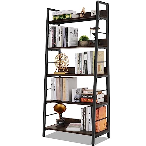Himimi Industrial Ladder Shelf, Rustic 5 Tier Leaning Bookshelf, Wood