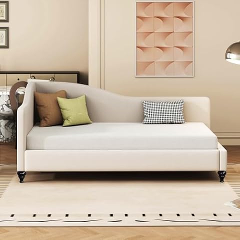 BAOMKONG Twin Size Upholstered Daybed L-Shaped Linen Sleeper Sofa Bed with Solid Wood Legs Corner Day Bed Frame for Living Room Bedroom Guestroom, Beige Cover