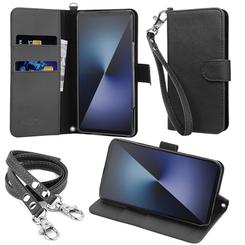 wisers Xperia 1 VII SO-51F SOG15 A501SO XQ-FS44 ケース 手帳型 スマホケース 対応 (ブラック) (カードホルダー/スタンド機能付き) ストラップ 2種付き (ハンドストラップ/ネックストラップ) 2025年