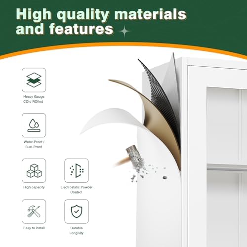 Letaya Metal Storage Cabinets with Glass Doors Lock,Locker Organizer Steel Cabinets,5 Adjustable Layers Shelves 2 Doors for Home, Office, Warehouse,Garage,Industrial,Employee Lockers (White) — view 4