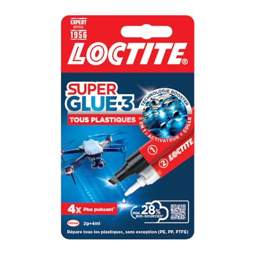 Loctite Super Glue-3 Tous Plastiques (tube de 2 g + stylo activateur de 4 ml) – Colle forte transparente pour tous plastiques – Colle transparente à séchage immédiat