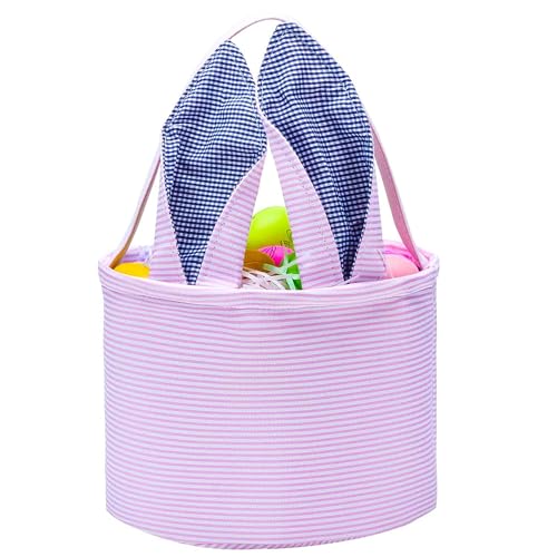 Image of Easter Basket Seersucker Egg Hunt Bunny Baskets for Kids with Cute Rabbit Ears Stripe Storage Gifts Candies Personalized Easter Party Gifts