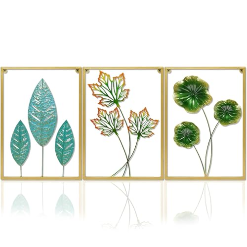 Image of Framing Hub Set of 3 Gold Metal Leaf Wall Art Modern Framed Sculptures for Living Room, Bedroom, Office (12 inchx18 inch Each)