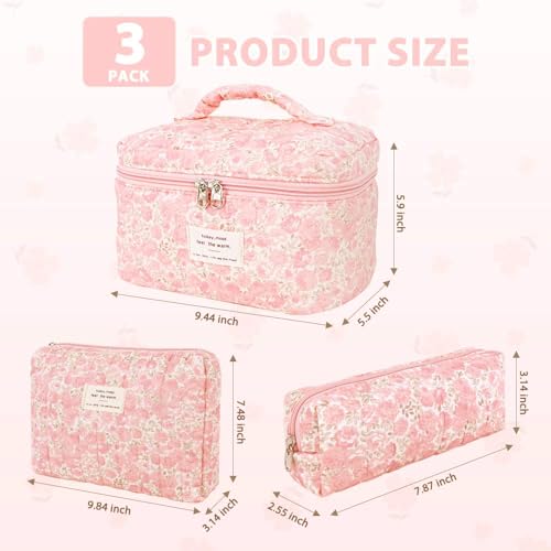 Image of Lyrovo Makeup Organizer Cosmetic Bag Quilted Large Floral Make Up Organize Set for Women Flower Travel Toiletry Bag (Flower-Pink)