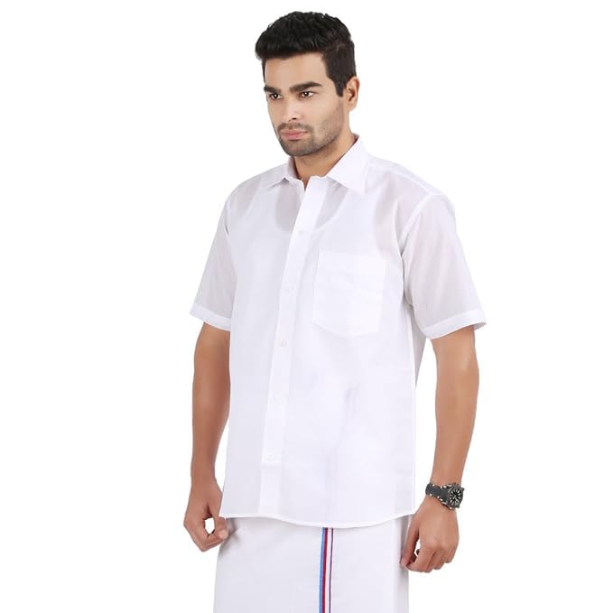 Image of PRAKASAM COTTON Men's Regular Fit Mono Cotton Half Sleeve Shirt | Premium Plain Cotton Blend Fabric | Half White Classic Political Lightweight, Breathable & Comfort Shirt