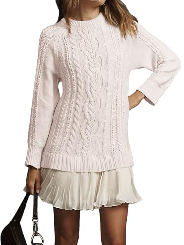 BeerMmay Damen-Pulloverkleid mit Zopfmuster, Rundhalsausschnitt, langärmliges Minikleid mit Falten, Patchwork-Kleid im Twofer-Stil (Apricot,M)