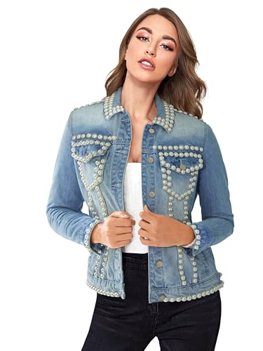 Hybrid & Company Women's Denim Jacket Embroidered Pearls Beading Jeans Jacket Coat With Pockets
