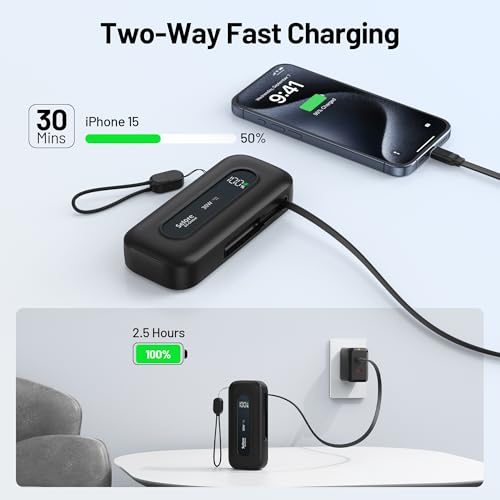 Image of Selore&S-Global Power Bank 10,000mAh with Built-in Retractable Cable & C to L Cable, 30W Fast Charging Portable Charger, LED Display, Travel Battery Pack for iPhone 16 /15 /14 /13 Series Samsung