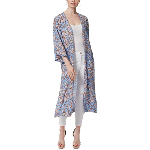Image of Jessica Simpson Womens Blakely Chic 3/4 Sleeve Duster Blouse, Amazon Floral - Bel Air Blue, Small US