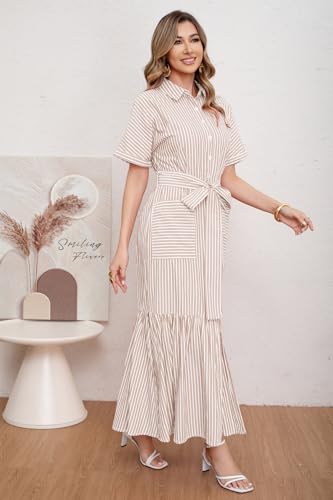Image of utcoco Women's 2026 Summer Casual Striped Button Down Maxi Dress Tie Waist Short Sleeve Shirt Dress with Pockets