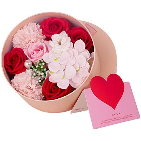 ANBET Women Soap Flowers with Round Gift Box Red Fake Rose Carnation Bouquets Artificial Rose Flower for Mothers Day Valentines Day Birthday Anniversary Christmas Teachers Day Gift Home Decorations Cover