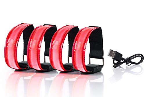 SAIBANGZI Aufladbares LED Armband, Leuchtband für Joggen, Laufen - Sicherheitslicht, Reflektor und Blinklicht für Kinder - Blinkende und statische LED-Funktionen, USB aufladbar (4 Stück) (rot) Cover