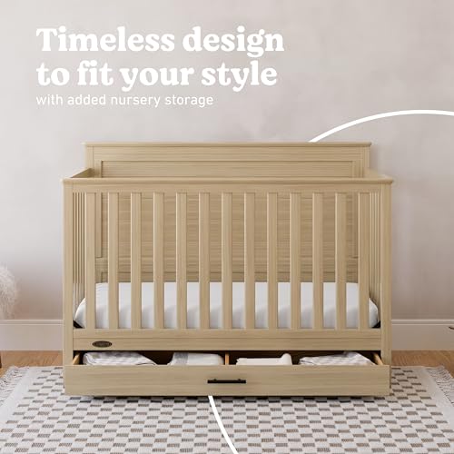 Image of Graco Tristan 5-in-1 Convertible Crib with Drawer (Driftwood) - GREENGUARD Gold Certified, Fits Standard Crib Mattress, Premium Handle, Converts to Toddler Bed, Daybed, and Full-Size Bed