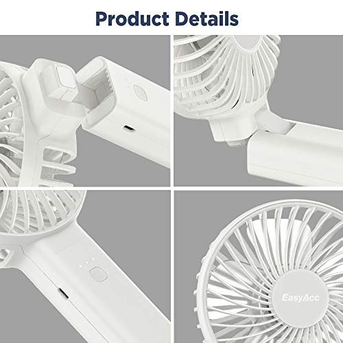 EasyAcc Handheld Fan, Portable, Battery, USB Fan/Portable Mini Fan, Electric, 20 Hour Rechargeable Battery, Foldable, Compatible with Laptop Multi Port Socket for Travel, Home, White