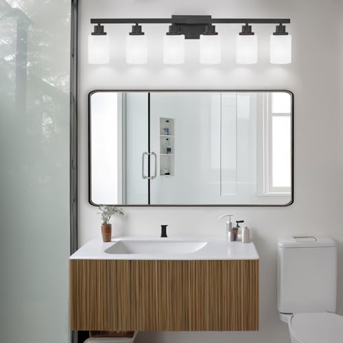 Image of 6-Light Black Vanity Lights 36.8in Bathroom Vanity Light for Mirror | White Frosted Ribbed Glass Shade Matte Bathroom Lighting Fixtures Black Wall Sconces for Bedroom Living Room E26 Base