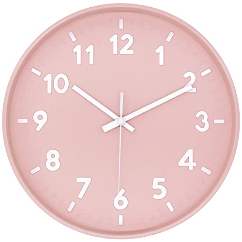 Jenlystime 12 Inch 3D Number Modern Wall Clock,Round Bright Colorful Dial,Non Ticking Silent Quartz Battery Operated Wall Clocks,Easy To Read Simple Style Decor Clock For Bedroom,Livingroom(Pink) #TOP2