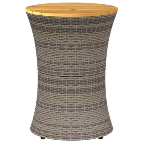 Gecheer Outdoor Side Table - Patio Coffee Table in Drum Shape, Grey Poly Rattan and Solid Wood for Balcony and Garden - Image 5