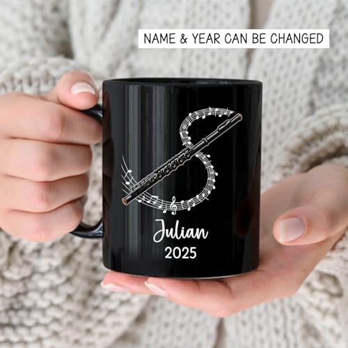 BigTees Personalized Flute Black Mug with Name & Year, Flute Player Ceramic Cup Gift for Christmas Birthday, Customized Flutist Coffee Mug 11oz or 15oz, Musical Instrument Cup for Dad Mom Musician