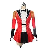 Eiskunstlaufkleid, Professioneller Glänzender Strass Langarm Gymnastik Trikot Tanzanzug Für Damen Elastisches Skating Ballett Performance Kostüm Für Die Wettkampfpraxis,Rot,3XL