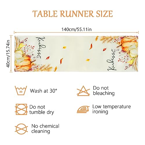 AUAUY Orange Pumpkins Ears of Wheat Table Runner, Seasonal Autumn Thanksgiving Table Decoration for Indoor Outdoor Home Party, Pumpkins Maple Leaves Printing Table Decor for Kitchen Dining 40x140cm - Image 3
