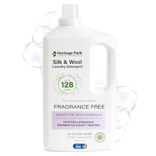 Heritage Park Silk & Wool Fragrance Free, Hypoallergenic, pH-Neutral Laundry Detergent - Dermatologist-tested, Sensitive Skin-Friendly, Enzyme-Free, Concentrated Up to 128 loads (64 fl oz)