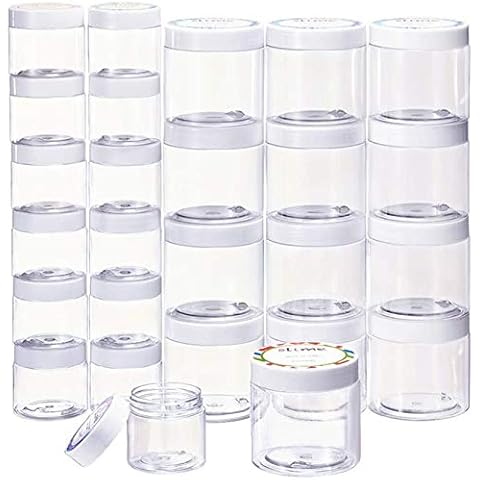 SGHUO Empty 24 Pack Slime Containers, 12 6oz and 12 2oz Plastic Storage Jars with Lids and Labels for DIY Slime, Glitter, Jewelry Making Supplies, Foam Beads Cover