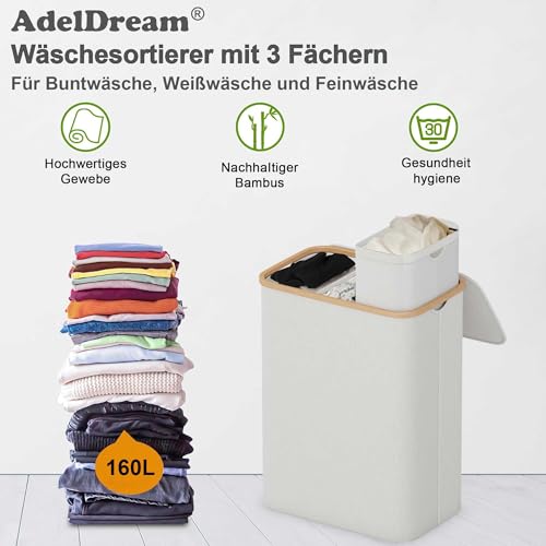 AdelDream 160L Wäschekorb mit Deckel 3 Fächer Wäschekorb Wäschesack schmal Wäschesortierer Wäschebox Wäschetonne Wäschesammler mit Deckel Wäschetruhe Wäschekörbe laundry baskets Beige