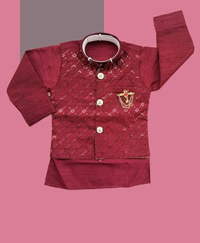 Image of Little Kids Ethnic Wear Kurta Pyjama and Waistcoat Set For Boys | Stylish Ethnic Wear | 3-piece set | Silk and Cotton Blend Fabric