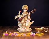 SHIVAJI ARTS Statue de Saraswati, 21 cm peinte à la main, déesse en marbre de culture Saraswathi sur cygne. Déesse hindoue de la connaissance, de la musique, de l'art, de la sagesse et de l'éducation.