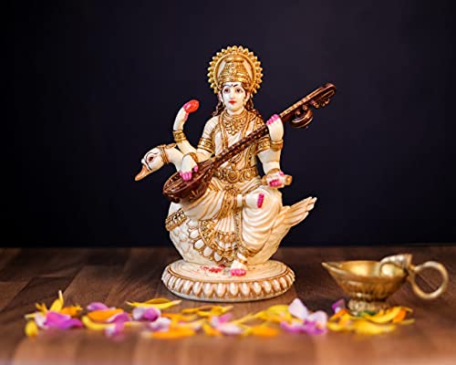 SHIVAJI ARTS Statue de Saraswati, 21 cm peinte à la main, déesse en marbre de culture Saraswathi sur cygne. Déesse hindoue de la connaissance, de la musique, de l'art, de la sagesse et de l'éducation.