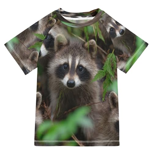 Boys Short Sleeve T-Shirts Raccoons Funny Real Rashguard Kids Swim Shirts Sun UPF 50+