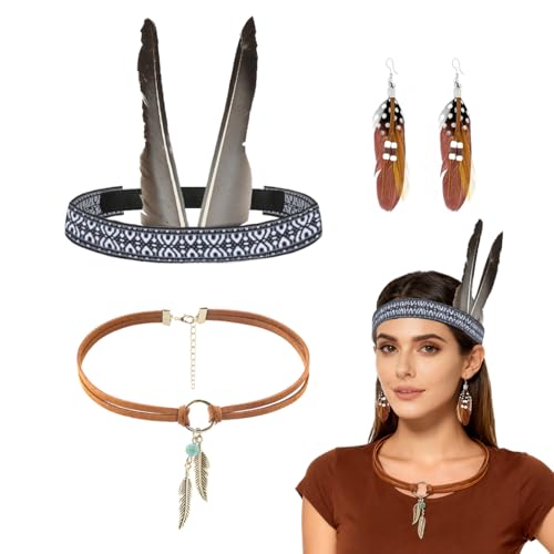 HUKUMA Lot de 3 coiffures indiennes pour femme, costume indien, accessoires de bandeau, bijoux en plumes, boucles d'oreilles en cuir, style bohème, bijoux...