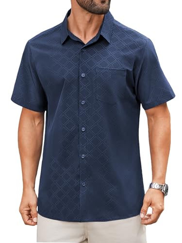 Hardaddy Men's Casual Button Down Shirt Short Sleeve Four-Way Stretch Printed Button Up Business Dress Shirt for Men Dark Blue XXL