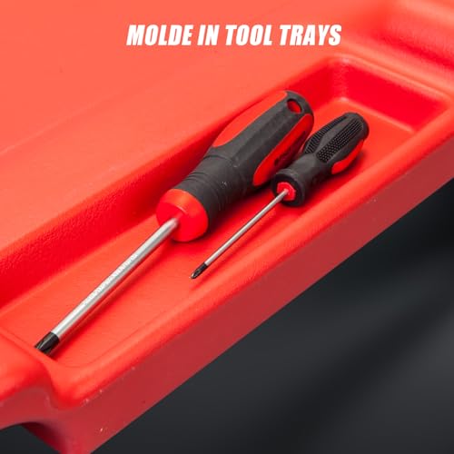 Image of Big RED Plastic Rolling Garage /Shop Creeper: Dual Tool Trays and 6 Casters, Red，40 inch Mechanic Cart with Padded Headrest