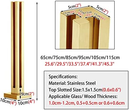 Gold Glass Railing Post 24"-47" - Custom Height Brushed Square Balustrade End Post for Glass Guardrail & Plastic Planks - Elegant Gold Finish, H-60cm/23.6"
