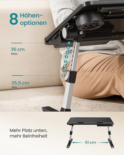 SONGMICS Laptoptisch, Betttisch, Laptopständer, 56 x 40 cm große Tischplatte, 120° stufenlos verstellbar, höhenverstellbar, mit Getränkehalter, Schublade, tragbar, tintenschwarz LLD113BC01