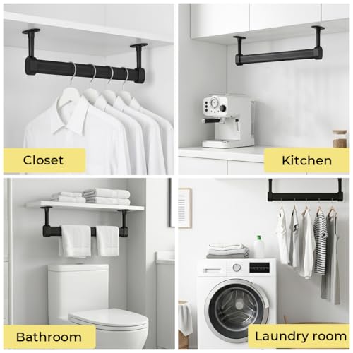 Image of HASTHIP Wardrobe Hanger Rod - 30cm Adjustable Heavy Duty Aluminum Closet Rod Wardrobe Rods for Hanging Clothes Adjustable Spacing Design, with Pre-punched Mounting Plates & Screws